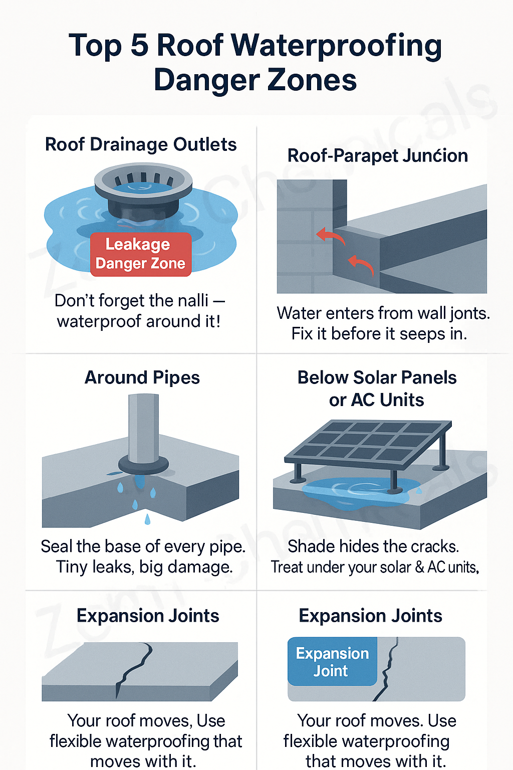 5 most overlooked roof areas that cause waterproofing failure and how to treat them